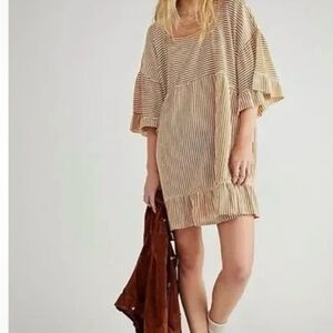 Free People EL Mar Striped Tan babydoll dress or beach boho Coverup medium